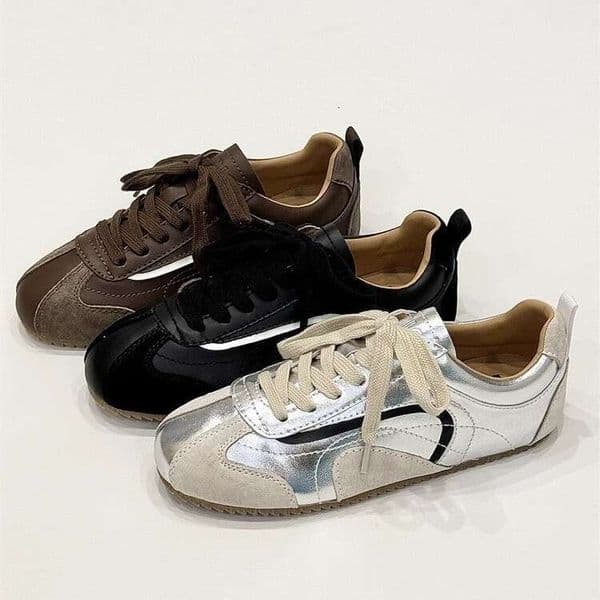 Hot-Selling Retro Color-Block Flat silver German Training Shoes for Women New Breathable Niche Versatile Casual Sneakers Round Toe Flat Sole Forrest Gump shoes