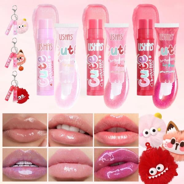 USHAS Lip balm lip gloss combo set with cute plush charm decoration rizes and prevents dry lips care 251215
