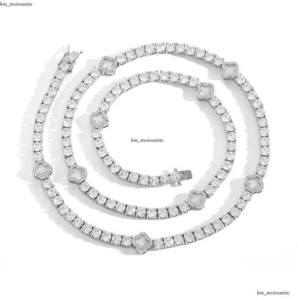14k White Gold Plated 925 Silver Exquisite 12mm Miami IGI Cuban Necklace Black Clover IGI Tennis Chain VVS Moissanite Jewelry