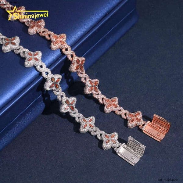 VVS Moissanite 15mm 925 Silver IGI Fenda Colorful Four-Leaf Clover Hip-Hop IGI Jewelry Custom Iced Silicon Stone Cuban Bracelet