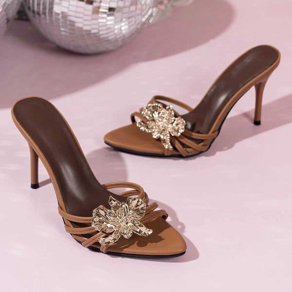 Pointed Toe High Heels Women Slippers Shoes 2025 Summer Sexy Party Dress Sandals Stiletto Flower Flip Flop Slingabck Slides Z251211