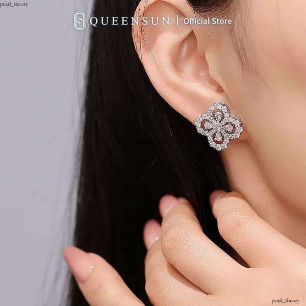 Kunlun 18k Gold Plated Platinum Jewelry Fashion VVS Moissanite Clover Earrings IGI Crown Shape Religious Numerical Pattern Pearl Main