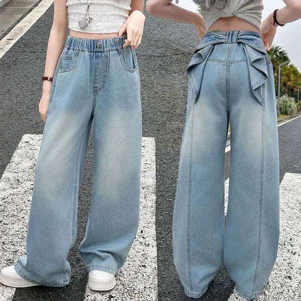 Girls Jeans Fashion Bow Design Trousers Korean Style Summer Trendy Children's Wide Leg Kids Denim Pants C251216