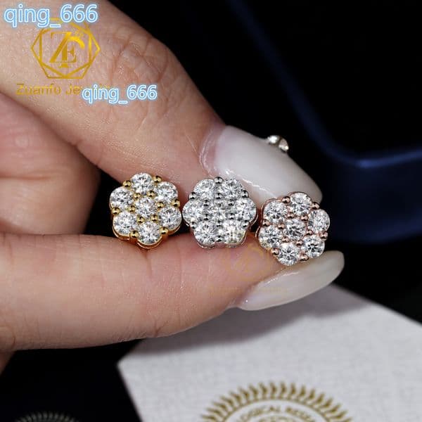 Fast Shipping Hip Hop Jewelry 925 Sterling Silver Gold Plated Iced Flower Cluster Moissanite Stud Earrings Anniversary Gift