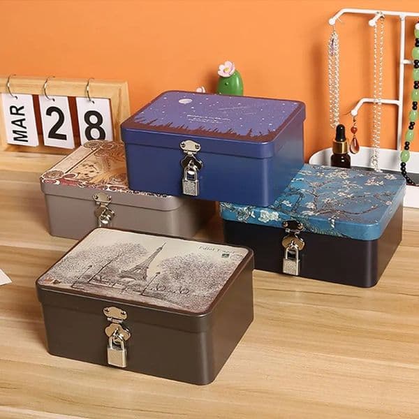 Vintage Large Capacity Tinplate Box with Lock Key Desktop Storage Case Metal Jewelry Empty 251216