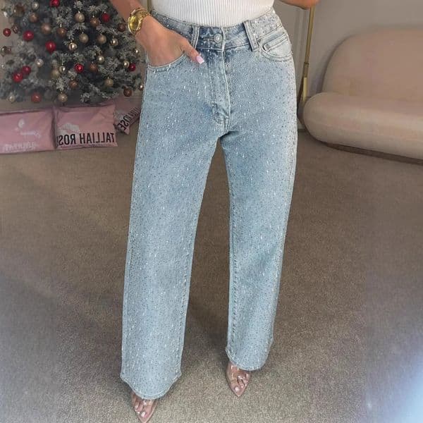 Straight Jeans for Women Diamonds Pants Stretch High Waist Washed Distressed Pockets Vintage Denims Streetwear Female Trousers 251212