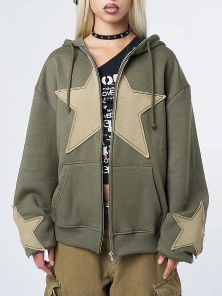 Y2K Vintage Star Print Hooded Hoodie for Women Casual Loose Long Sleeve Zip Up Drawstring Sweatshirts Autumn Spring Coat Street 251212
