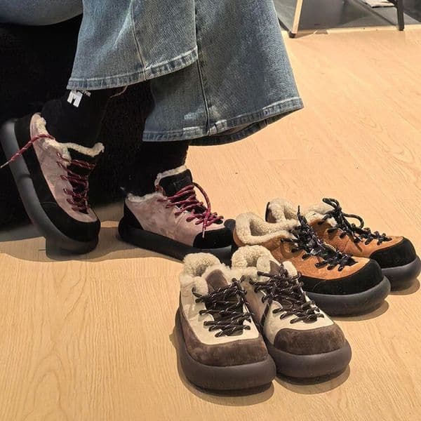Autumn and winter women's fashionable leather warm wool training shoes casual sports shoes retro round toe flat shoes lace up designer shoes
