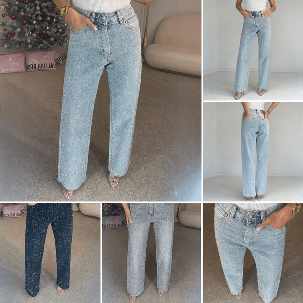 Designer Women's Jeans Straight Jeans for Women Diamonds Pants Stretch High Waist Washed Distressed Pockets Vintage Denims Streetwear Female Trousers S-5XL