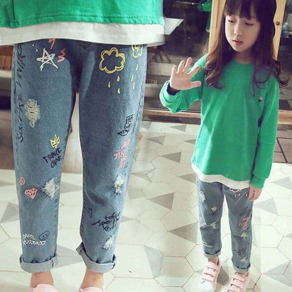 Personality cloud graffiti printing hole casual children jeans,Children's Clothing For Girl Kids Pants Boutique Children Trouser C251216