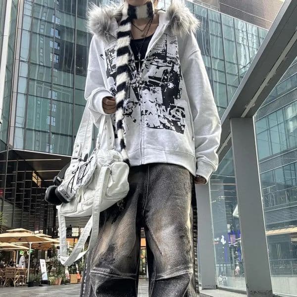 Korean Fashion Sweatshirts Harajuku Gothic Printed Coats Jackets Subculture Vintage Faux Fur Hooded Women Casual Y2k Clothing 251216