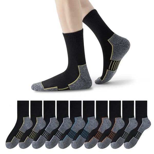 10 pairs Work Boot Socks Moisture Wicking Cushioned Crew for Men Seamless toe Reinforced Footbed Durability 251216