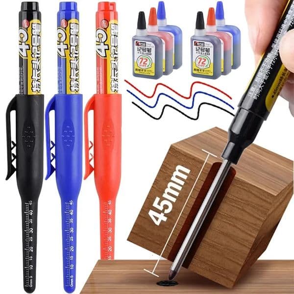 16Pcs MultiPurpose 45mm Deep Drill Hole Long Nib Marker Pens Waterproof for Bathroom Woodworking Head Carpenter Pen 251216