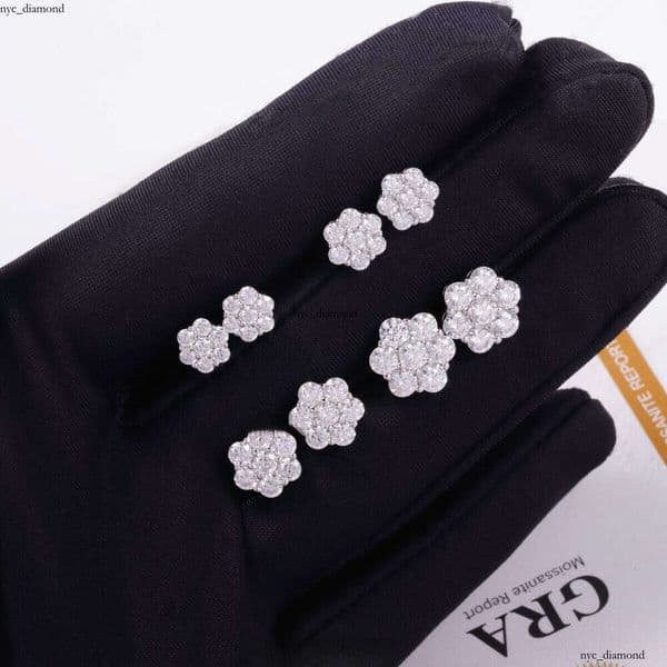 Fashion Jewelry Snowflake Design Round Diaspore VVS Moissanite White Gold Plated 925 Sterling Silver Earrings Studs for Women and Men