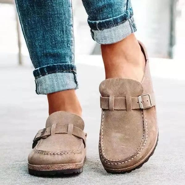 Designer Slippers Women's Solid Color Mules Round Suede Clog Sandal Casual Closed Toe Slip On Buckle Strap Design Vintage Flat Ladies Shoes