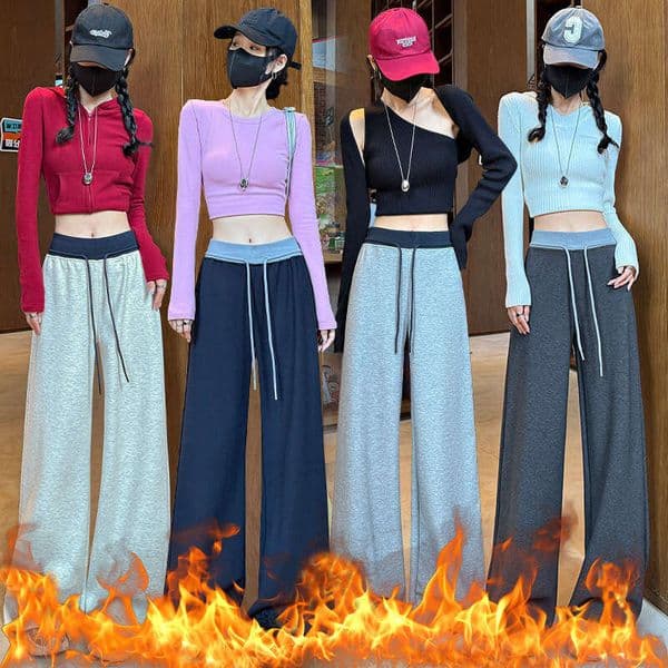 Real Shot Cashmere Glutinous For Women Autumn And Winter New Style Fleece Lined Thickened Straight Leg Petite Draped Lazy Versatile Wide Leg Pants Luxury