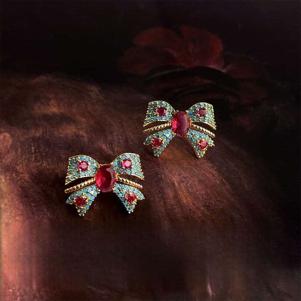 Earrings Vintage Medieval Style French Light Luxury Colorful Zircon Bow Earrings Artistic Retro High end Feel Ear Jewelry gift