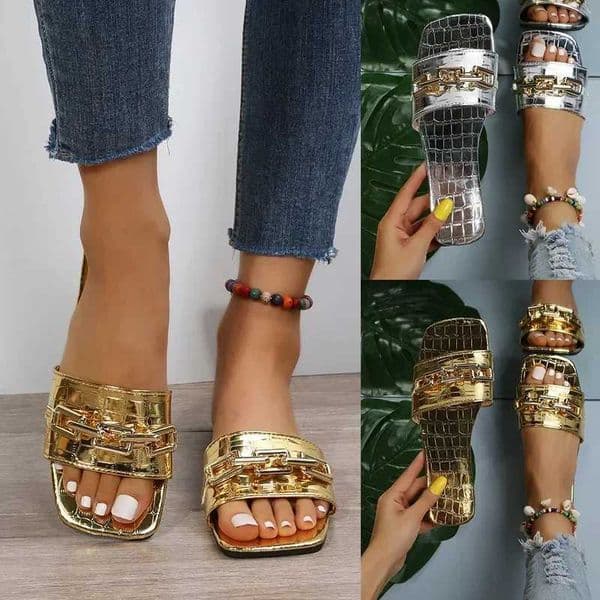 2024 New Gold Silver Women Summer Slides Fashion Street Style Chain Flat Heels Bling Woman Beac Flip Flop Shoes Q251217