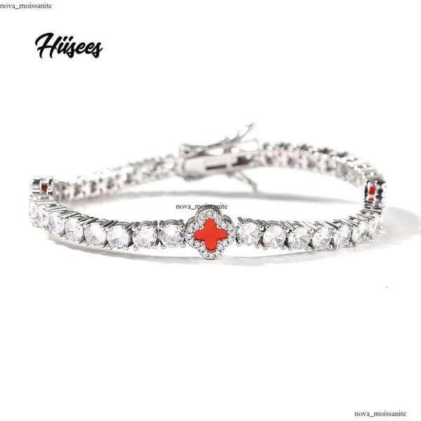 VVS Moissanite New Arrival Party Accessories Full Iced Out Pearlescent 4mm Straight Pull Red Clover Necklace Agate Rhodium Plated Fashion 18K Tennis Chain