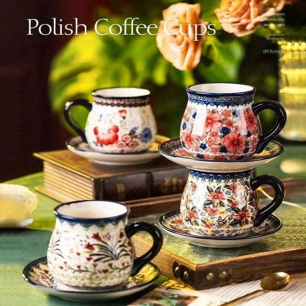 2026 New Polish Ceramic Coffee Cup Saucer Gift Set Hand-Painted Floral Art, 220Ml Reusable G With Durable Glaze & Non-Slip Grip Free Shippin