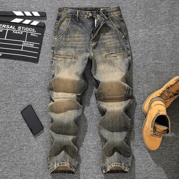 WOZK New style jeans men's pants slim fit high stretch denim leggings men's clothing versatile spring big pocket fashion designer jeans retro straight-leg pants
