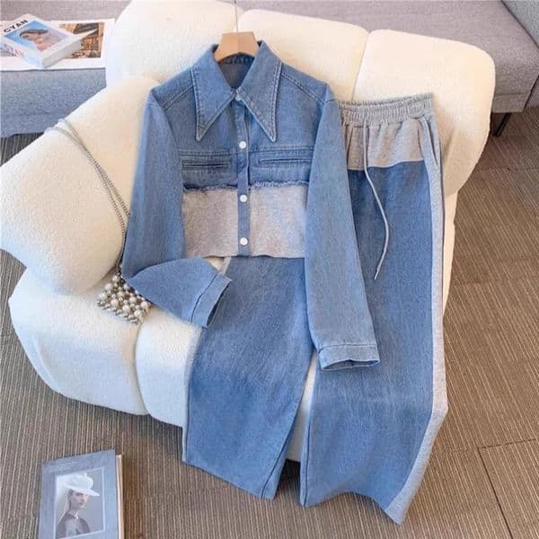 Fashion Colorblocked Denim Jacket Wideleg Pants Twopiece Set Women Autumn Casual Loose Top And Trousers Suit For 251215