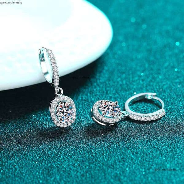 925 Sterling Silver Women's Luxury Earrings Oval VVS Moissanite, PT950 Gold Rhodium Plated
