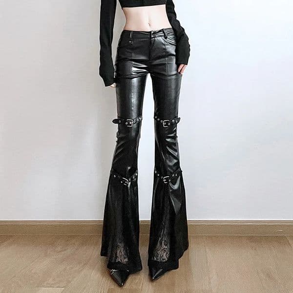 PU Leather Flare Pant Goth Buckle Lace Patchwork Fashion Y2K Streetwear Vintage Aesthetics Casual Pants Trousers 251211BANJIA