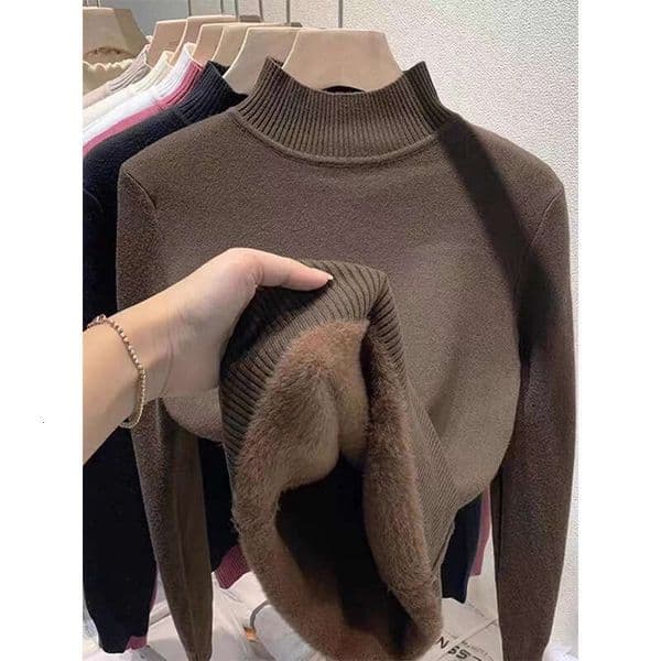 Winter Thickened One-Piece Fleece High Neck Knitted Base Shirt For Women, Warm Inner Layer, Korean Style Soft Basic Sweater B1