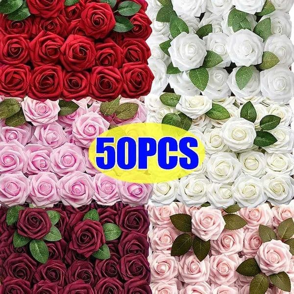 5-50Pcs Artificial Roses Flowers Foam Fake Rose Heads With Stems For DIY Wedding Bouquets Home Party Tables Decorations Supplies X251218