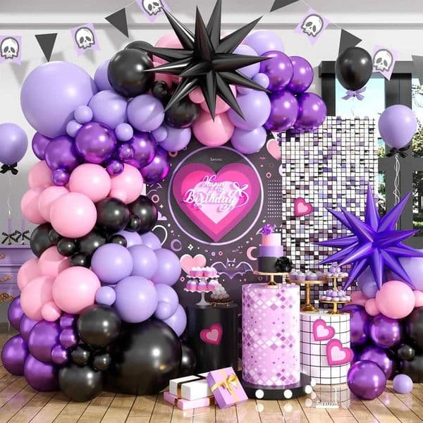107Pcs Pink and Purple Balloon Arch Garland Kit Black Macaroon Metallic Purple Pink Birthday Balloons for Birthday Party Decor X251218