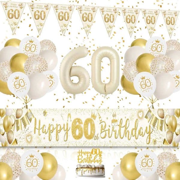 60th Birthday Decorations for Women Men 60th Birthday Decoration Kit with Sand White Gold Happy 60th Birthday Banner White Gold X251218