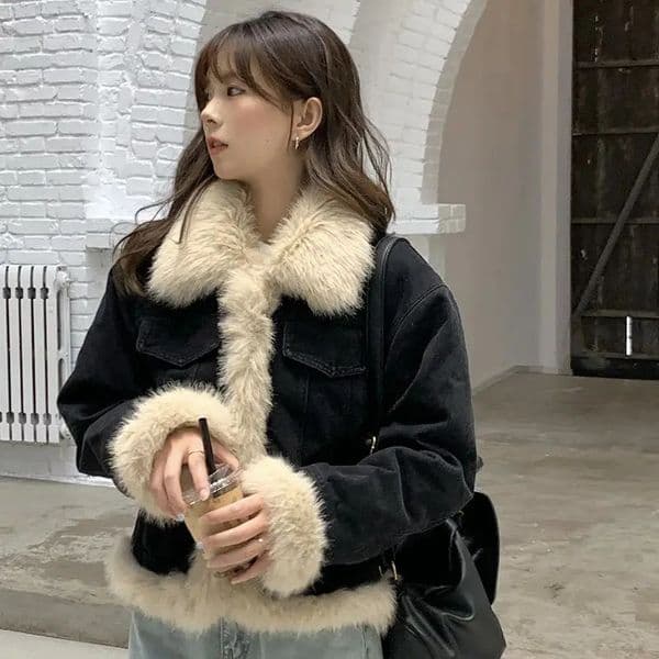 Denim Coats For Woman Long Fur Plush Womens Winter LooseFit Gothic Punk Nightclub Gathering AntiWrinkle Buttoned Hooded Fluffy 251211