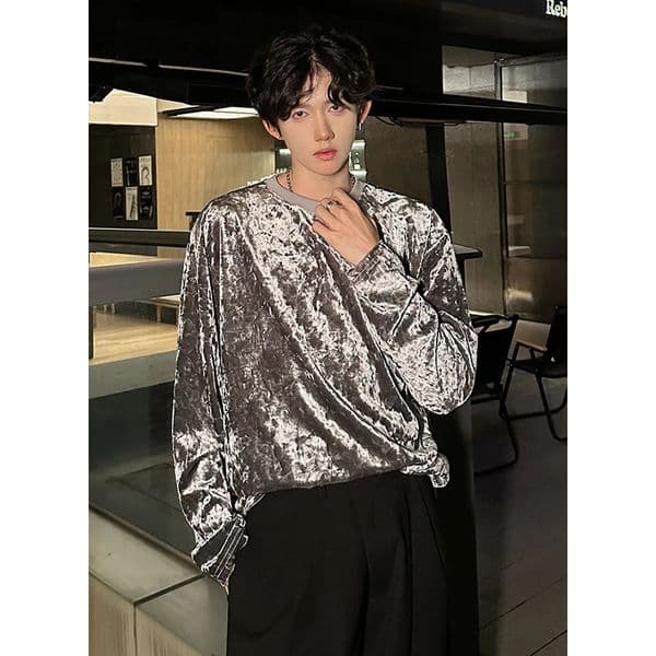 men vintage velvet long sleeve t shirt Crew neck hip hop casual tees tops man autumn harajuku velour streetwear camisetas 251217BANJIA