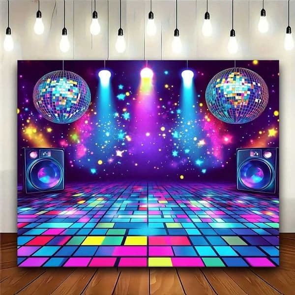 A retro 80s and 90s themed party background - a vibrant disco dance scene X251218