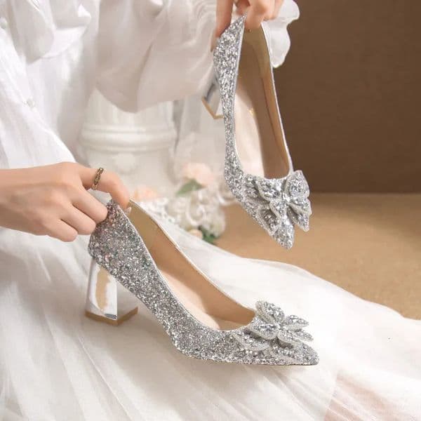 Womens Crystal High Heels Chunky Heel Korean Style Wedding Shoes Sparkling Sequin Matryoshka Dancer Shoes Bridal Shoes 251218