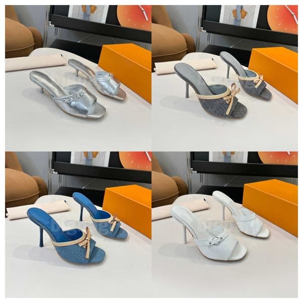 Designer Sandal 6AM Women Slippers Spool Heel High Heel Fabric Leather Shoes Slip on Vintage Sandal Size35-42