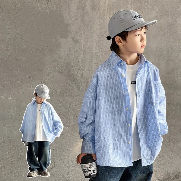 Korean Kids Blue Vertical Striped Autumn Shirt for Boy Classic Long Sleeve Shirt Blouse Children Casual Clothing Age 3-14 251217