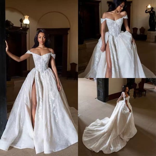 2 In 1 Detachable Train Arabic Dubai Wedding With Split Sexy Off Shoulder Basque Waist Boning Lace Formal Church Bridal Gowns After Party Reception Dress Lg0762