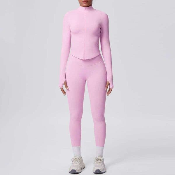 2Pcs Sport Fitness Clothing Set For Women Solid Color Zipper Long Sleeves Stand Collar High Waisted Push Up Yoga Pants