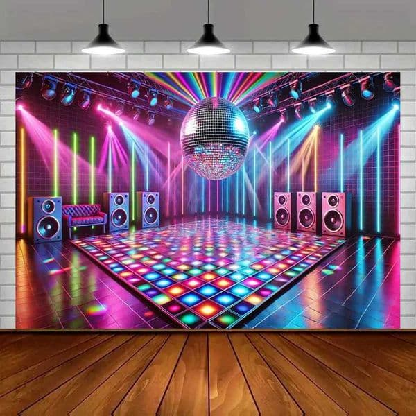 Disco dance floor scene background party banner suitable for holiday studio home and garden celebrations X251218
