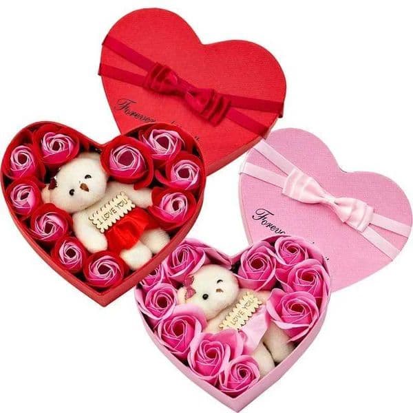 Red/Pink Soap Rose Flower Bear Box Heart-shape I LOVE YOU Gift Boxes For Valentines Day Mothers Day Wedding Party Decorations X251218