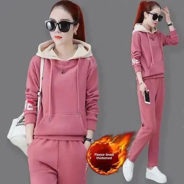 Thickened Fleece Loose Fit Embroidered Sportswear Set for Women Autumn Winter Style Long Pants Outwear Two-Piece Suit 251217