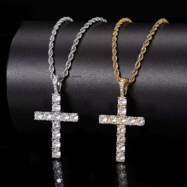 European and American Hip Hop Jewelry 18K Gold Christian Jesus Bling VVS Moissanite Cross Pendant Necklace for Men Women