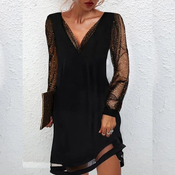 Womens Elegant V Neck Spliced Mesh Dress 251219