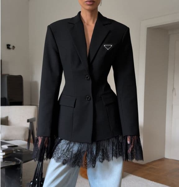 2026 New Fashion Casual Women Blazers Designer Black Suit French Trend Lace Panelled Female Blazer Jacket Slim Fit Office Lady Outerwear Coat Spring Autumn Free
