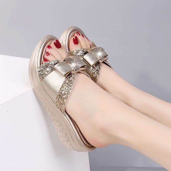 New Summer Outdoor Wear Thick-Soled Wedge Heel Women's Shiny Bowknot Slide Sandals
