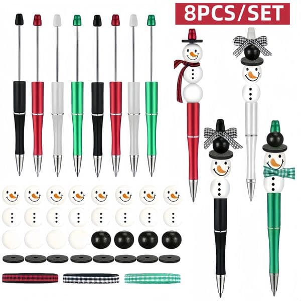 8PCS Creative Red Green Black Sliver Colorful Christmas Snowman Theme DIY Beaded Ballpoint Pen Wood Bead SetOffice Supplies 251211BJ