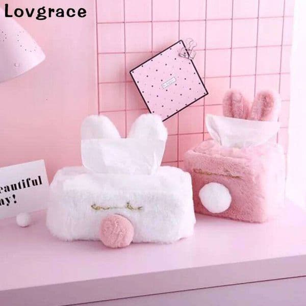 Sweet Color Pink White Plush Rabbit Box Durable Home Car Hotel Sofa Paper Tissue Holder Napkin Case Pouch Girl's Gift 25H1219
