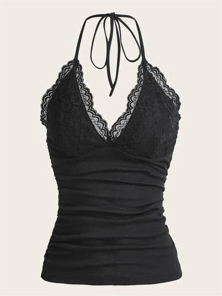 Lace Vneck Halter Top Women Summer Sexy Grunge Punk Goth Backless Ruched Crop Cami Streetwear Y2K Clothes 251218